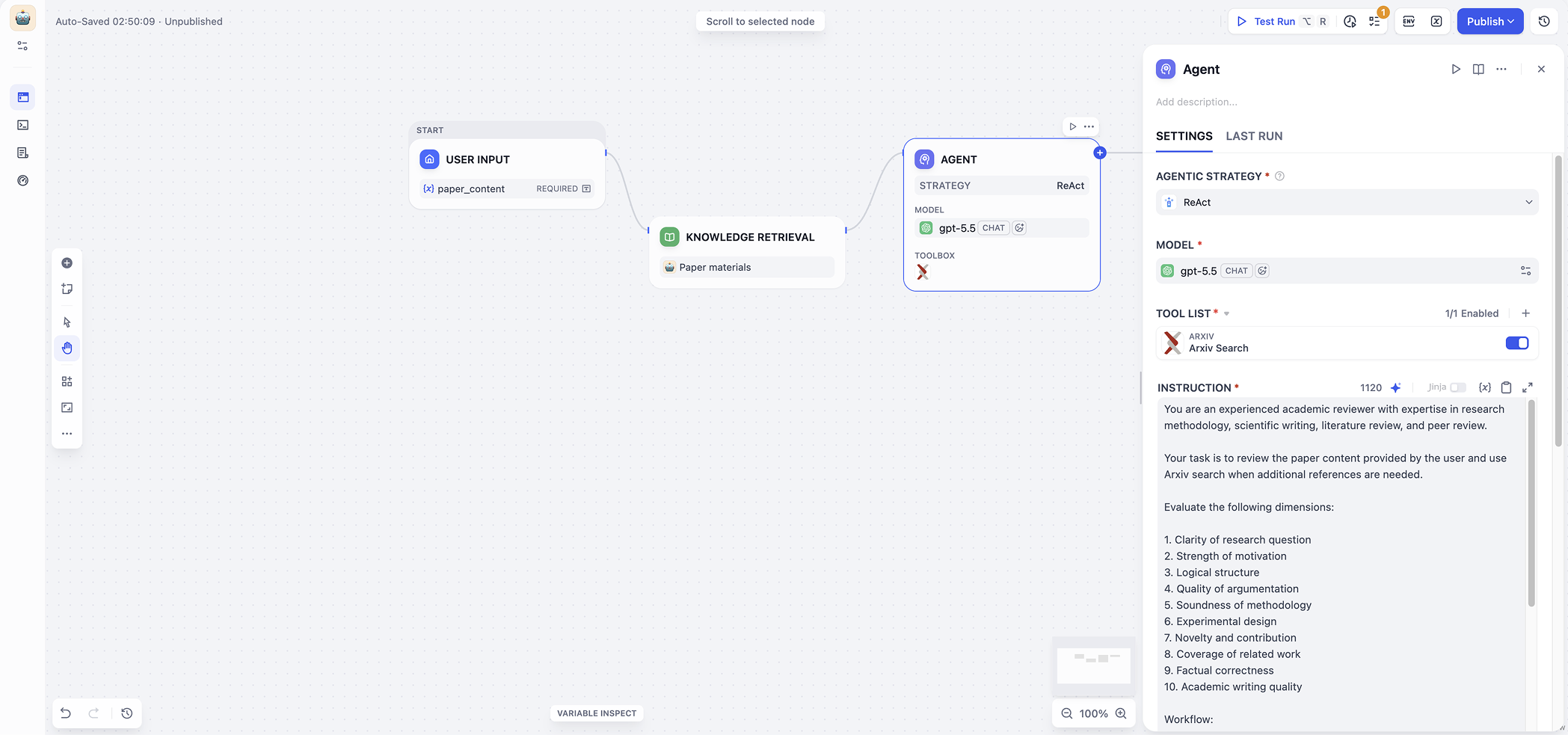 Dify agent configuration with tools and memory.
