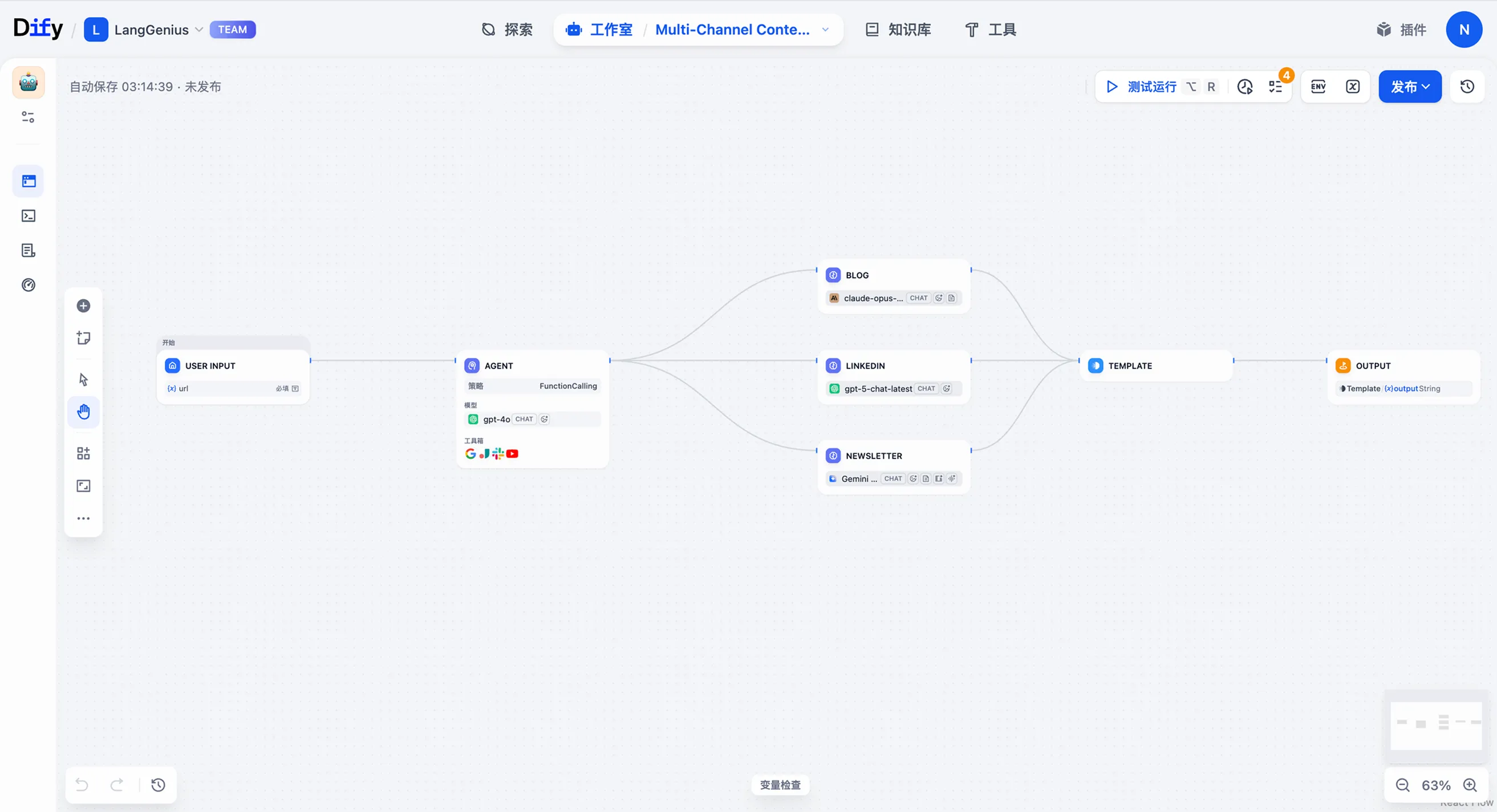 Connecting LLM providers, knowledge data, and Marketplace tools in Dify.