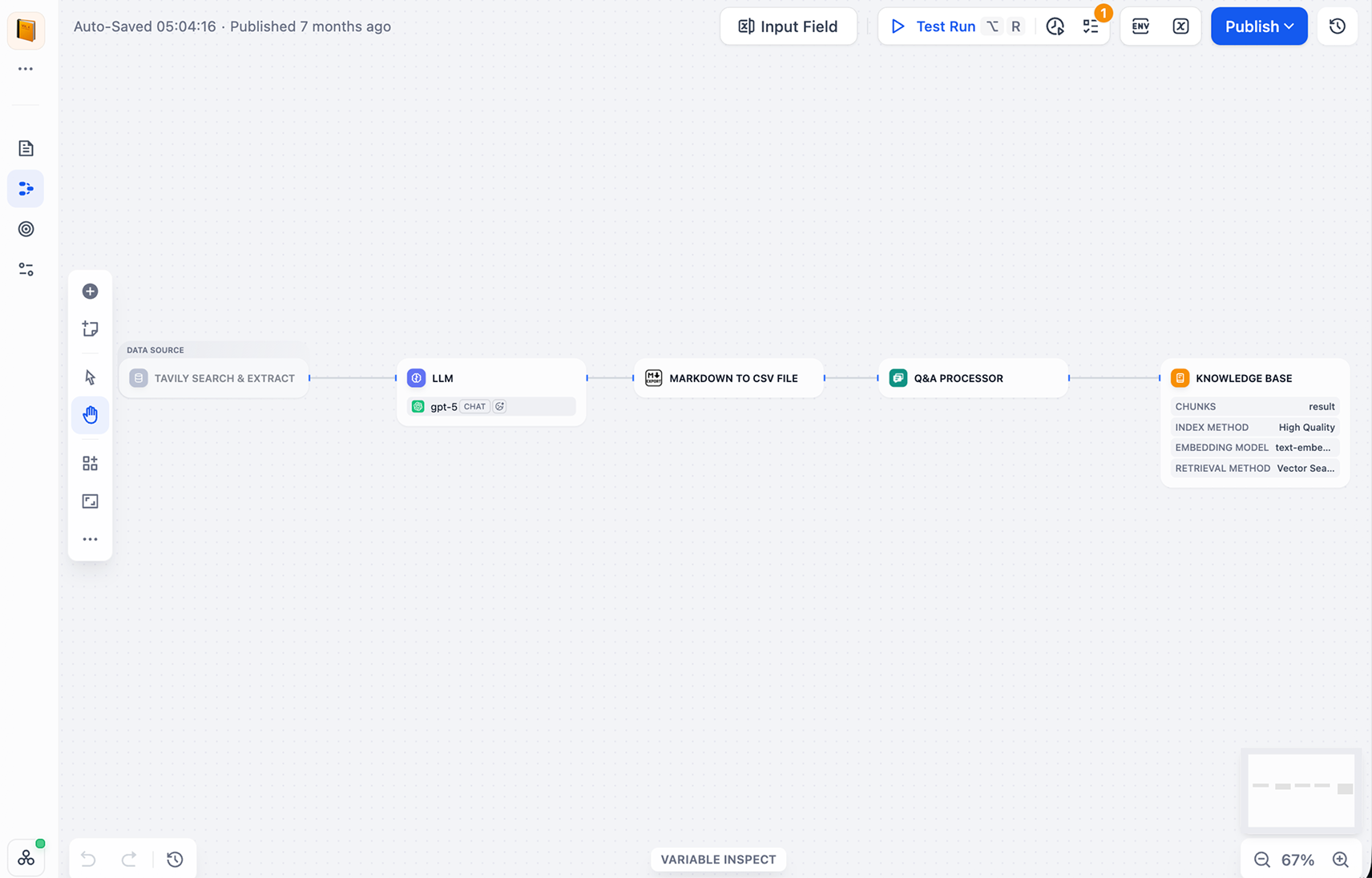 Dify Knowledge Pipeline turning documents into an indexed knowledge base.
