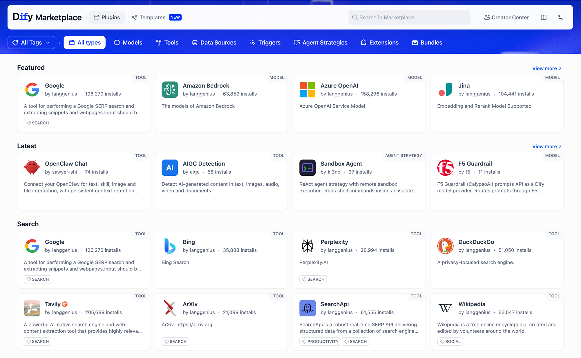 Dify plugin marketplace with model providers and tools.